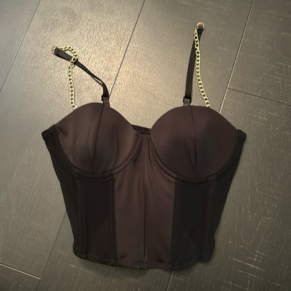 black corset top with gold chains and clip on back